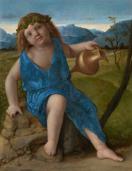 A young, pale-skinned boy wearing a brilliant blue toga sits on a rock and holds a gold pitcher in a landscape in this vertical painting. The boy’s body faces us, and he leans onto his right hand, to our left, so his body and head tip in that direction. He wears a leafy crown over long blond curls. He looks slightly up with wide-set, light brown eyes. He has round, rosy cheeks, and his pink lips are parted. He holds the gold pitcher up in his left hand, to our right. One foot rests on a rock and the other stretches long, to our right. A thin tree grows diagonally up and to our right from behind the outstretched foot, and another tree grows a short distance beyond. Behind the boy, green hills roll back to the horizon, which comes three-quarters of the way up the composition. Mountains, which are blue in the hazy distance, line the horizon under a sky streaked with ivory white above the peaks and topaz blue above.