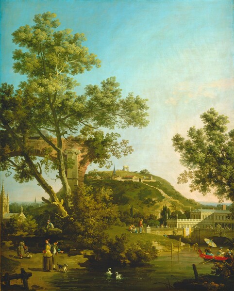 Sun pours across a landscape with trees and plants growing around and on an arched stone ruin, a bridge and river, and, in the distance, buildings along a flat-topped hill carpeted with grass in this vertical painting. Tiny in scale in the landscape, about two dozen men, women, and children wear dresses and clothing in shades of tan, brown, turquoise, cream white, black, red, and mustard yellow. Close to us, the arched ruins, possibly of an aqueduct, are nearly hidden by tall trees, bushes, and growth hanging from its deck. The trees growing up in front of the ruins nearly span the height of the painting and take up most of the left half of the composition. A river winds from the lower right corner into the distance to our right, passing under a bridge in the middle distance on the right edge of the painting. The shallowly arched bridge crosses the river in front of a long block of a building with rows of windows and arched arcades. The flat-topped hill rises in the center distance. There, a freestanding arch could be another ruin. Buildings with brown walls and terracotta-red roofs, along with the pointed spire of a church, are contained within a town wall a little farther down the hill from the arch. More churches with spires are nestled into the valley to our left of the hill, extending into the distance. The people are scattered through the landscape, and they all have pale skin. Closest to us, a man and woman stand near a black and white dog that barks at a pair of swans in the river, at the bottom center of the composition. A woman nearby bends over a basket on the ground, and a man with a long staff, tucked into the vegetation near the aqueduct, looks on. More people sit, stand, or play by the riverbank closer to the bridge or look at the water from the bridge itself. On the river is an elaborately decorated, long, narrow boat like a gondola. One person in the boat props open a yellow and white parasol; another, who rows the boat, wears a blue and yellow outfit with a cap like an overturned flower blossom. The horizon comes about a third of the way up the composition and the sky above is brilliant topaz blue.