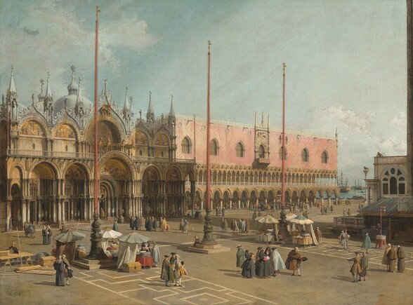 Dozens of men with several women and a few children gather in pairs or small groups across a sun-drenched plaza in front of a domed church next to a long, pale pink building in this horizontal painting. The people’s faces and hands we can see have pale, peachy skin. The men wear hats and shin-length capes or jackets over stockings in tones of charcoal gray, olive green, butterscotch yellow, black, and brown. The women wear black capes covering their heads and long, full skirts. The ash-brown plaza has two zones where geometric patterns are picked out in a lighter, oatmeal brown. Three coral-red flagpoles are spaced along the center of the plaza parallel to the two buildings. Each flagpole rests on an olive-green base about a third of the height of the pole. Tables under open umbrellas clustered around the outer two flagpoles display piles of cloth, and a few people gather around the wares. The domed building extends into the scene from the left edge of the painting, and reaches about a third of the way across as it angles away from us. It has a central portal with nested arches, flanked to each side by a pair of slightly smaller, arched portals. Scenes against gold backgrounds appear in the archway of each of the five doors. There is a second level of arches above. The smaller arches to either side are decorated with more scenes of people against gold backgrounds. Four gold horses stand atop the central, lower arch, each with one front and one back hoof raised. The arch behind them is dim, the back side of a stained-glass window. The stone of the arches and front of the building are light brown. The upper arches are lined with pale, slate-gray spires and curling tracery. The three-story pink building sits close by to our right, extending into the distance on the same angle as the church, and as tall as its neighbor. The lowest level is a series of open, pointed arches. The second level is also a row of arches, but more closely spaced. People walk and stand under both covered walkways. The top half of the building has a carnation-pink façade with seven windows evenly spaced across its width. The central window is surrounded by carved stone ornament. Along the right edge of the painting and closer to us than the large buildings is the corner of a two-story building. The lower level is in shadow under a sloping awning, creating a merchant’s stall, and the second level has a rounded, arched window. One person stands at the front corner of the roof and looks down into the square. In the narrow gap between the row of buildings to our left and the smaller structure to our right is a winged lion atop a tall column. Beyond that is sparkling blue water with several masted ships and long, narrow gondolas. The sky above has thin white clouds against a pale blue sky. The artist signed the lower left, “A.C.F.”