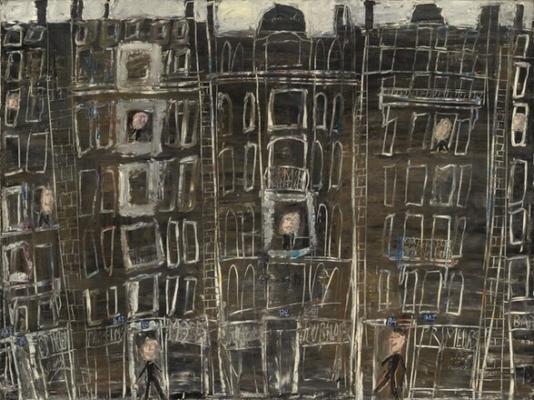 Tall, narrow, black building fronts fill this abstracted, horizontal painting. Partitions separating the buildings extend above the rooflines, and those, along with low domes atop some of the buildings, brush the top edge of the canvas. The narrow band of sky between the flat rooflines and the top of the composition is filled with cream-white paint, applied heavily in thick strokes. The buildings are painted with wide, horizontal strokes of black paint. The outlines of doors, windows, and the brick partitions between the buildings were incised into wet paint to delineate those features. Some of the outlines are also streaked with cobalt blue, butter yellow, brick red, and plum purple. Six people with oversized, round, peach-colored heads on spindly black bodies look out at us from windows across the composition. Cartoon-like eyes, noses, and smiling mouths are incised into wet paint. Along the bottom level, the buildings are numbered 78, 80, 82, and 84. Signs, also incised in wet, black paint to reveal white outlines, appear over the doors. The leftmost building reads “OPTICIEN” above “Leroy.” The next store is “PARFUMS,” then “MODES,” “Coiffeur,” “JOURNEAX,” “PRIMEURS,” and “BAR.” Under “PRIMEURS,” a sign on the store front reads “FRUITS ET LEGUMES.” Two people walk along the street, at the bottom of the canvas. One is to our left of center and stands facing us, smiling. The other is to our right, also smiling as he walks to our left in profile.