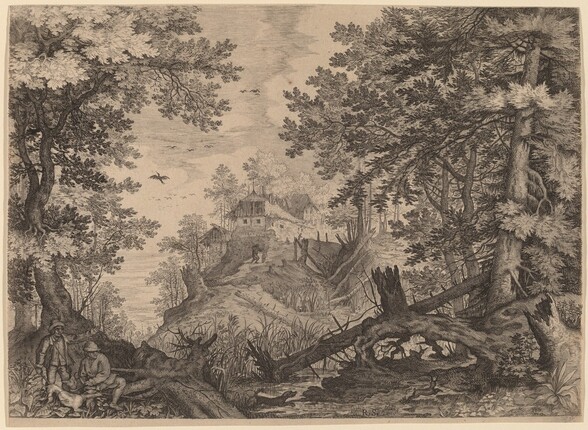 Woodland Scene with Two Hunters and a Dog to the Left