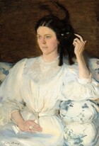 A woman with pale skin and dressed in white sits on a couch gazing into the distance to our left as she raises one arm to stroke a black cat perched on her shoulder in this vertical portrait. Shown from the lap up, the woman’s dress has voluminous, puffed, elbow-length sleeves and a high collar, and her narrow waist is cinched with a white sash. Her dark brown hair is parted down the middle and tied back, and she has pale blue eyes and pink lips. She reaches up to the cat with her left hand, on our right, and her other hand, farther from us, rests flat in her lap. The black cat looks at us with greenish-yellow eyes as it almost disappears into the dark brown background above the white couch, which is decorated with a blue pattern. The artist signed the work with dark letters in the lower left corner: “Cecilia Beaux.”