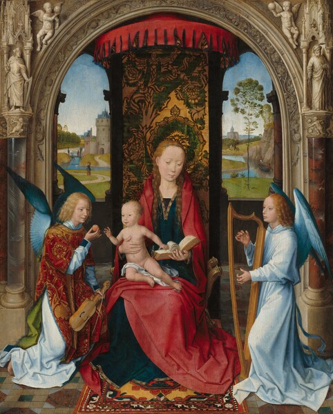 Shown under an ornately carved stone arch, a young woman holds a baby on her lap as she sits on a curving gold chair flanked by two kneeling angels in this vertical painting. All of the people have pale skin. The woman has long blond hair, a straight nose, and a small pink mouth. Her body faces us but she gazes down. She wears a gold-trimmed deep blue robe under a crimson mantle that covers her shoulders and drapes over her lap and to the floor. She holds an open book with her left hand, on our right, and supports the sitting baby’s body with her opposite hand. The baby is nude except for a piece of white fabric across one thigh. The baby touches the open book with one hand and reaches towards a small, round piece of fruit the angel on our left offers. The angel has blond hair and blue wings, and wears a pale blue garment under an apple red and gold patterned robe. The angel holds an instrument like a violin and bow in the left hand. The angel to our right has similar hair and facial features, and has blue wings and a sky blue robe. Both hands strum a harp as the angel gazes to our left almost in profile. Behind the chair, a cloth patterned in rich green and gold hangs vertically from a curving red overhang between tall, narrow archways that open onto a distant landscape. People move through green fields and along a river winding towards a castle to our left beneath a watery blue sky. The stone archway that frames the scene and seems close to us is painted to look as if it were carved along the arch with a vines, lizards, and snails. A bearded man stands to either side near the curving top and winged, nude, child-like people, putti, hold orbs aloft in the upper corners.