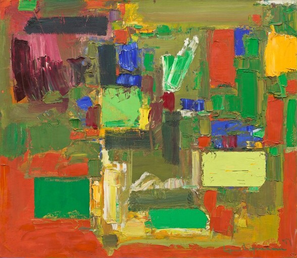 Thickly painted, rectangular vertical and horizontal slabs in intense buttercup and mango yellow, shamrock and lime green, burnt orange, raspberry pink, and charcoal gray are layered in this nearly square, abstract composition. In the top half, shapes are smaller, closer together, and separated by strokes of moss green. In the bottom half, the shapes are larger and seem to float against a vivid orange background. Smaller swipes and dabs of cotton candy pink, plum purple, indigo blue, sea glass green, scarlet red, rust brown, and bright white are interspersed around the slabs. The artist signed and dated the painting in green paint in the lower right corner, “hans hofmann 57.”