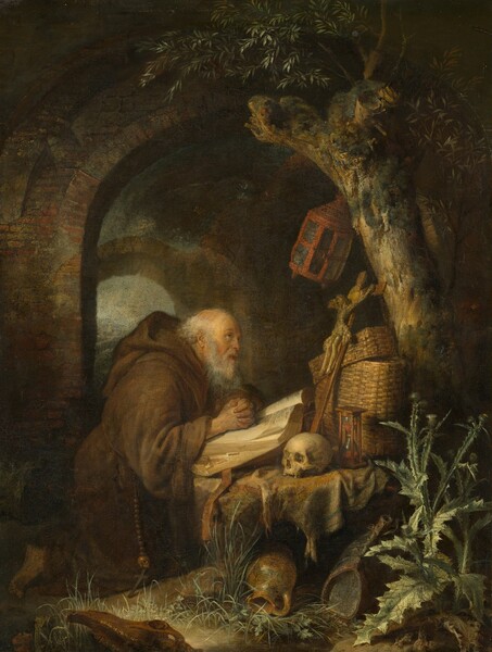 A pale-skinned, balding man with a fringe of white hair and a long, wispy gray beard kneels with his fingers intertwined in prayer in a shadowy grotto-like space in this vertical painting. He faces our right in profile, and his eyes look up at a crucifix propped against several woven baskets leaning against a moss-covered, gnarled tree. His hands rest on the open pages of a large book at the base of the crucifix. He wears a dark tawny-brown robe with a voluminous hood, and a string of thick rosary beads hanging from his waist ends with a tiny skull and a cross. A brick archway frames him, and another archway is seen through the opening. An unlit lantern hangs from the tree over the crucifix. The book, baskets, and crucifix along with a skull and hourglass sit on a rock covered by a cloth. An overturned pottery jug, a water jug, and a horse’s skull rest among a tall thistle plant and grass at the foot of the rock, in the lower right corner of the panel.