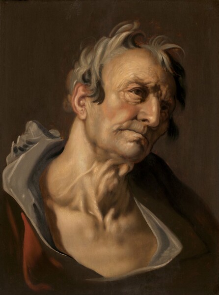 The head, shoulders, and chest of a pale-skinned man with gray hair and deep wrinkles creasing his face fill this vertical portrait painting. His shoulders angle slightly to our right, and he looks up and off in that direction. Light comes from our upper left, so the far side of his craggy face is in deep shadow. His brown eyes are deep-set sockets under a furrowed brow. He has a straight, prominent nose, and his thin lips are surrounded by wrinkles at the corners with more lines on his knob-like chin and between his nose and upper lip. Tendons and wrinkles stand out on his thick neck. Unruly locks of ash-gray hair stand up from his head over a pink-edged ear. His upper chest is bare within the gaping opening of his nickel-gray shirt, which is under a barn-red garment. The background is earth brown.