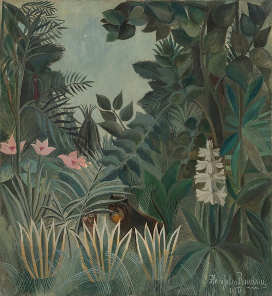 Two animals with golden yellow, chocolate brown, and black fur peer out from behind dense jungle foliage in this stylized, vertical painting. Most of the composition is filled with broadly painted areas of sage, olive, moss, and lemon-lime green to create an impenetrable wall of plants and growth. An oval of slate-blue sky to the left of upper center is framed by plants that grow up and off the top corners of the painting. Small in scale and nestled back among the growth near the lower center, the animal to our right has black eyes that look at or toward us, a long nose, and gray around its mouth and eyes. It has triangular ears and its body, which extends to our right, is dark brown with a lifted tail. To our left, another smaller animal, perhaps a baby, is mostly obscured by a fern frond and grass. This animal has small black eyes and chestnut-brown and black fur. Three large, stylized flowers with fuchsia-pink centers and pale petals grow above the animals, to our left. An oversized white hyacinth grows to our right. A narrow, brick-red bird sits on a branch above the pink flowers, almost lost among the plants. The artist signed and dated the lower right corner, “Henri Julien Rousseau 1909.”