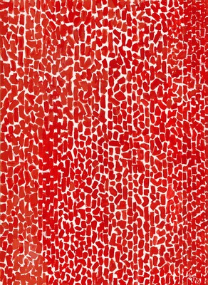 Scarlet-red dashes create loose vertical lines against a bright white background that fill this vertical abstract painting. Most of the dashes are vertical but some slant at an angle. The artist signed and dated the work with white paint in the lower right corner, 