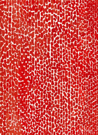 Scarlet-red dashes create loose vertical lines against a bright white background that fill this vertical abstract painting. Most of the dashes are vertical but some slant at an angle. The artist signed and dated the work with white paint in the lower right corner, “AWT 73.”