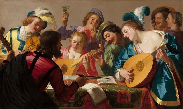 This horizontal painting shows a group of eight light-skinned musicians and onlookers gathered closely around a rectangular, carpet-covered table. The front edge of the table runs parallel to the bottom edge of the painting, and seems close to us. Shown from about the waist up, the men and women’s vivid lapis-blue, coral-red, buttercup-yellow, lilac-purple, and moss-green garments fall in crisp folds. Bright reflections on the fabric suggest a satin-like material. Two women wear feathers in their hair and one man’s hat is plumed. One man, wearing crimson red and black, sits with his back to us to our left on the near side of the table. He holds the neck of a bass viol, about the size of a cello, with his left hand, and points to pages of an open music book with the bow in his right hand. The other people cluster on the far side of the table. A man to the left plays a violin; a woman at the center plays a guitar-sized bandora, and a woman to our right plays a lute. The musicians, along with a man who leans over the table from between the two women, look down at the music books. A young man behind the woman at the center holds up a glass of pale liquid with his right hand as he touches his left forefinger to his smiling lips. A man and woman stand close together in the background to our right, in the top right corner of the canvas.