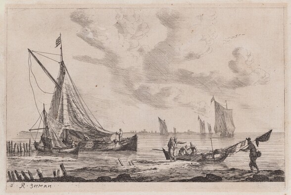 Shore of Inland Waterway with a Ketch, Two Smaller Boats, and Fisherman