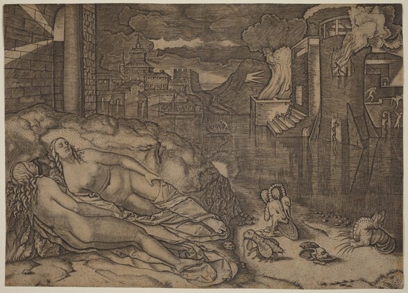 Printed with black lines against oatmeal-white paper, two nude women lie near four imaginary, nightmarish creatures on a rocky riverbank in this horizontal engraving. Stone buildings of the town across the water beyond them are on fire, and the sky is filled with dark clouds. Closest to us, in the lower left corner of the composition, the two pale women lie, one in front of the other, nearly parallel to the bottom edge of the paper. Their heads are near the left edge and their feet reach halfway across the composition. The woman closer to us has her back to us, and her head is tipped back so we see her profile. The other woman’s body faces us. They both have long curly hair, and their eyes are closed. Their arms rest down the length of their bodies. Cloth is draped under their bodies and around the lower legs of the woman whose body faces us. Their torsos are propped up on rocky outcroppings, which rise behind the pair and echo the curving form of their bodies. The four fantasy creatures cluster on a flat area near the water, in the lower right corner. Each is made up of body parts from different animals. One to our left in that group has a sheep’s face, a body shaped like a caterpillar, seven insect-like legs, rounded fins or wings, and a cluster of stingers at the tail. Drool or something else drips from its mouth. At first glance, a creature on the lower right resembles a conch shell, but the opening is like bat’s head with oversized ears, and a protruding lower lip to make the shell’s opening. It rests on clawed feet. Closest to the water, a critter has a lizard’s head, which is folded back with gaping mouth open, over a slug-like body, and two paws with long claws. The final creature is hard to make sense of. It has a long neck, like a reading lamp, ending in a bird-like head. Its body looks like a second goat-like face, and the almond-shaped tail seems to come from the goat’s mouth. It stands on two clawed feet. A stone building rises up the left edge of the composition, behind the women. A band of water separates this bank from the town beyond, the buildings of which come to the water’s edge. To our right, rectangular and arched doorways and windows are backlit by flames, and smoke pours out of the upper stories. People shown as dark or light silhouettes clamber up stairs and carry others. In a nearby boat on the water, a person uses a pole to propel the vessel and the five smaller people, probably children, it holds. More people are in a longer boat farther back from us, in front of a complex of buildings with shallow rooflines or crenellations. A three-rayed flash emanates from a rocky hill between this complex and the burning building to our right.