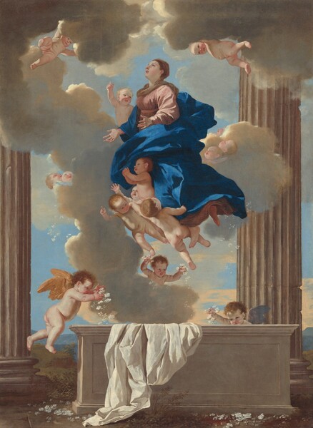 A woman floats among billowing clouds over a rectangular stone coffin in this vertical painting. Ten nude, baby-like putti support her body, float alongside her, or scatter flowers, while more winged baby heads are tucked among the parchment-brown clouds. The woman and all the babies have pale, peachy skin. The woman rises with her body facing our left, almost in profile. She looks up with dark eyes so we see the underside of her straight nose, and her coral-pink lips are parted. Her chestnut-brown hair is pulled back, and a scarf of the same color wraps across her shoulders. Her rose-pink dress is belted under her bust. It has puffy long sleeves, and the bottom hem flutters around her bare feet. Her lower torso and legs are wrapped with a voluminous, azure-blue cloak. She reaches her hands slightly forward, palms facing up. All the babyish putti have short blond or light brown hair, chubby bodies, and rosy cheeks. Four hold up or support the woman's legs, and many of them reach, point, or look upward. Another floats near her right arm, farther from us. Below, a white cloth is bunched and draped over the side of the stone coffin closer to us. Three child-like putti scatter white flowers into the coffin, and more are on the ground around it. Two of those putti have wings, one in golden yellow and the other slate blue. The clouds around the woman seem to emanate from behind the coffin to swirl up and around her. Two more putti hold up the clouds along the top edge of the composition. The scene is flanked to either side by peanut-brown, fluted stone columns, which extend off the top edge of the composition. The sky beyond is streaked with apricot peach near the horizon and shifts to topaz blue above.