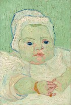 In shades of mint, laurel, and eucalyptus green, the head and shoulders of a chubby baby fill this vertical portrait painting. It is created with long, visible brushstrokes, some of which are thick enough to cast shadows onto the canvas beneath. The baby’s skin is painted with cool, light green, with peach-colored highlights. The baby has large, vivid blue eyes gazing intently down and off to our right, full lips, and chubby cheeks. The white garment comes to the baby’s elbows, and the pudgy fingers touch. The baby wears a gold bracelet and a gold ring with a round, red stone on the right hand, to our left. The garment and white cap on the head are outlined in sky or royal blue. Painted with vertical strokes, the background is a darker shade of laurel green.