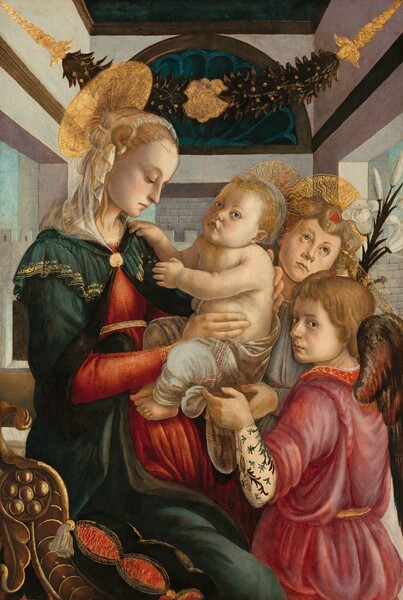 Shown from about the knees up, a woman, baby, and two angels crowd together in a narrow interior space pierced by three window openings. The people all have pale, peachy skin, blond hair, and translucent gold halos, and together they fill most of the space of this vertical painting. To our left, the woman perches on a pillow on a wooden chair as she holds the baby. The scrolling arm of the chair dips down to the seat in the lower left corner of the painting, and the black, scarlet-red, and gold pillow has a silver tassel dangling from the upper corner. The woman’s body is angled to our right, and she turns her head in profile to gaze down past the child with heavy-lidded eyes. Her forest-green cloak is lined with dark material where it turns back down the front. Short, cape-like drapery flutters across her shoulders and is decorated with gold bands along the hem. The cloak is held closed by a gold disk just below the neckline of the red gown underneath, which is belted with a thin gold band above the waist. Her hair is pulled back from her high forehead and is covered by a sheer white veil that frames her face and falls in folds to her shoulders. She steadies the plump baby so he is propped upright on her lap, facing her, with his feet resting on her belly. The baby reaches out to her with his right hand resting on her left shoulder, farther from us, while he turns to look up over his other shoulder, above us. A dove-gray cloth with rose-pink and white stripes is wrapped around his waist and drapes over his legs. To our right, the two angels stand with their bodies facing the child they help support. The angel closer to us turns back to look at or past us with brown eyes. That angel’s robe is rose red with a brighter, scarlet-red collar. The robe falls back to the elbow on the arm closer to us to reveal a cream-colored sleeve patterned with leaf-like strokes of pine green and earth brown. That hand is raised to delicately hold the hem of the baby’s wrap. The one wing we can see is brown and cranberry red, and is cut off by the right edge of the painting. The second angel stands at the back of the little group and looks up and off to our right with silver-gray eyes. That angel wears a pale lavender-gray robe and one hand supports the baby’s bottom. A small, scarlet-red disk is set into the angel’s hair over the forehead. A spray of white lilies angles from between the two angels along the right edge of the panel. The room the group occupies has light gray walls, some tinged with shell pink, and a sapphire-blue ceiling bordered with dark brown wood. A matching sapphire-blue, scalloped half-moon shape is set into the back wall. A garland of chestnut-brown leaves hangs from gold fittings to span the room near the ceiling. Portions of a stone building and watery blue sky are visible through the windows to either side and at the back of the room.