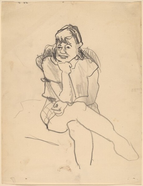 Young Girl Seated Facing Front, Head Propped on Arm