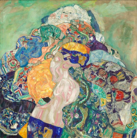 A baby nestles in a mass of white frilly fabric atop a colorful patchwork, perhaps a pile of quilts, against a sage and spring green background in this square painting. The baby’s face and right hand peeks out from the mountain of fabric at the top center of the composition. The infant has pale white skin and pink cheeks and pink lips, and looks down at us with large dark eyes. The pile of fabric creates a mosaic-like mix of pattern and color with vibrant royal and baby blues, sage greens and turquoise, butter yellow, and shell and salmon pinks. Some patterns are outlined in black while brushstrokes swirl together in other areas. The background is mottled with cool mint and asparagus green strokes against pale beige.