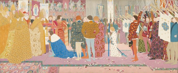 A wide hall or church space is filled with throngs of people focused on a young man kneeling in front of a clutch of clergymen in this horizontal painting. The people all have smooth, pale skin. Their clothing is intricately patterned with areas of vivid color, creating a collage-like effect. The ten clergymen stand on a low platform to our left. Most wear yellow and gold-colored vestments and conical, split mitre hats though one wears a scarlet-red robe and brimmed hat. The kneeling young man they face, the Dauphin, is draped in an azure-blue cloak adorned with gold fleur-de-lis and a shawl-length cape of black-speckled white ermine fur. He leans forward over one stockinged foot with his hands pressed together as the front bishop bends to gesture over him. Four men stand closer to us to our right of the Dauphin, their backs to us. A young person with chin-length blond hair kneels behind this group. A sword hangs at one hip and the head tips down, eyes closed. The arm we see is covered in shiny silver armor, and it holds up a blue standard. The fabric of the standard and of the person’s robe is white with gold fleur-de-lis. Another group of men stand to our right, also facing inward toward the Dauphin. Six of them lift their faces, their mouths open as if in song, as they pull swords out of sheaths or hold them overhead. White banners, also with gold fleur-de-lis and a gold cross against a sky-blue clover shape, hang from almost a dozen long, pale-gold horns being played, lifted high in the air, at the back of the group. The two groups of men wear tunics, robes, and stockings in cherry red, rose pink, fawn brown, burnt orange, harvest yellow, violet, or plum purple. Countless swords are also held aloft across the background against peach, celestial blue, pale yellow, and white standards. Ladies in mauve, seafoam green, petal pink, and taupe fill pink balconies in the upper left corner overlooking the scene. White veils flow from their tall, pointed hats. A heather-purple, narrow carpet scattered with flowers creates a runner leading up to the Dauphin and platform over a richly patterned floor beneath. The artist signed and dated the lower right, “M.Boutet de Monvel 1907.”