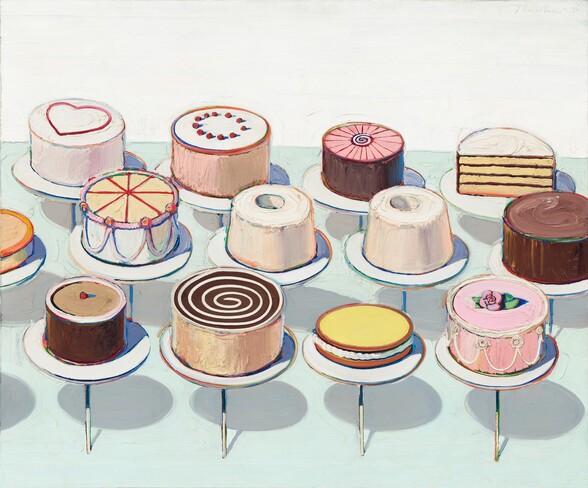 Thirteen round cakes sit in three rows, each on a disk-like stand supported on a thin rod, in this horizontal painting. We look slightly down onto the cakes, which only barely overlap. All of the cakes are round except for one, which has been cut in half so we see the four layers of yellow cake and chocolate frosting inside. The top of that cake is white. All of the other cakes are unique except for two angel food cakes at the center, which are slightly different heights. Most of the other cakes have white or brown frosting, except for a pink cake at the front right. That cake has white swags piped on the sides and a pink rose on the top. Next to it is a cake topped with yellow, perhaps lemon curd. The other two cakes in the front row have a white swirl against dark brown frosting, and the fourth, near the left egde, is topped with a single red cherry. Half of a low, pale orange cake is cut off by the left edge of the canvas in the middle row. Each cake stand casts a pale gray shadow against the light, arctic-blue counter. The paint is thickly applied throughout, and the outlines around the cakes, plates, and rods are streaked with rainbow colors. The artist signed the work by incising his name and the date into the wet white paint in the top right corner: “Thiebaud 1963.”
