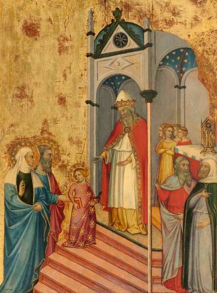 An older woman and man stand behind a young girl who climbs up the steps of a structure, in which a bearded man stands with his hands outstretched, while a group of six people gather to our right, all against a shimmering gold background in this vertical painting. All the people have light skin with long noses, dark eyes, and their garments are edged with gold. The young girl, Mary, walks to our right but looks back over her shoulder to our left. She has reddish-blond hair pulled back under a scarlet-red headband, hazel-green eyes, and her rosebud lips are closed. Her rose-pink, long-sleeved dress falls to her feet and is covered with a stylized, gold, floral pattern. She holds a book with a red cover in one hand and holds up the hem of her dress with the other. She and the two older people behind her have flat, gold halos incised with geometric patterns surrounding their heads. The older couple behind her, in the lower left corner of the composition, face our right in profile. The older woman stands closer to us, wearing a white veil that covers her head, neck, and shoulders. With one hand she holds the sides of her aquamarine-blue cloak closed over her pine-green dress, and she holds her right hand up near her shoulder with the palm facing Mary. The man behind her has a gray beard and wavy hair, and he wears a dusky rose-pink cloak over a long-sleeved, blue garment. He raises his right hand near Mary’s elbow. The arched, domed structure at the top of the stairs, in the right half of the painting, has ivory-white walls, and the ceiling is blue with gold stars. Mary approaches a man standing in the structure with his arms held out and hands open. He has shoulder-length, curly gray hair and a long beard, and wears a tall, pointed cap above a gold crown. His red cloak falls open over a long white robe that ends just shy of the golden-yellow garment beneath, which falls to his feet. Tucked into the corner behind him and to our right, four young girls or women with blond hair tucked under headbands stand in a close group, wearing dresses of butter yellow, crimson red, or rose pink. The girl closest to us crosses her arms over her chest and looks to our right, but the others look toward the man in the structure. They stand next to a rectangular altar holding a tall, gold vessel. The two bearded men in the lower right corner of the painting look toward each other and point in opposite directions, one wearing a lilac-purple cloak over a red robe and the other a forest-green cloak over a pale blue robe. In the background, the red layer beneath the gold leaf shows through in some areas.