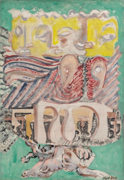 Three fluorescent-yellow faces sit atop a square form made of parallel stripes of muted brick red, navy blue, and taupe with a heap of pale pink feet lying below in this vertical, abstract painting. The three yellow, blocky faces make a single band near the top of the composition. Thin strokes of slate blue delineate the contours and shadows of the hair and faces, and a wavy silvery-blue line runs across the top of the heads. Two of the eyes are blank, and one has an iris that looks to our right. Two apricot-colored, backward comma shapes hang just off center below the faces, into the field of parallel lines. The lines are mostly diagonal, but one section, to our left, is topped with an area of nearly horizontal bands, creating a backwards, sideways V shape. Under the frieze of stripes, a pale, pinkish taupe colonnade-like form has three arches of different sizes. The widest arch is to our right, and two teardrop-shaped columns separate narrower arches to the left. The area behind and around it is painted with fog and smoke-gray bands and forms. The pile of several feet at the bottom of the composition are outlined in black and caramel brown. The edges of the canvas around these forms are teal green. The artist signed the work in the lower right, “Mark Rothko.”