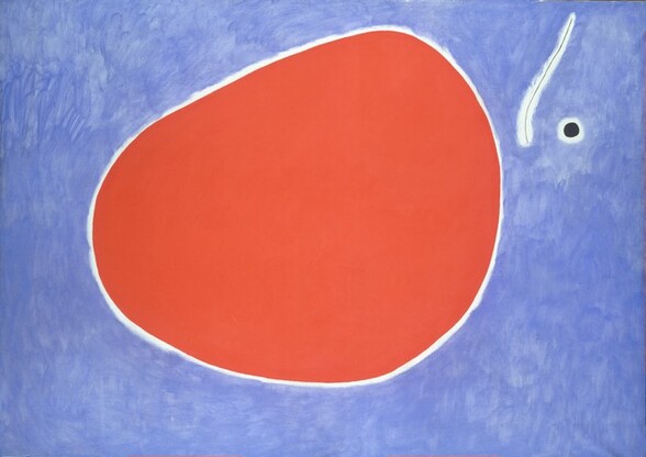 A tomato-red, oval floating in a field of blue-violet nearly fills this horizontal abstract painting. A thin, vertical, gently waving line and a black dot float near the red oval, near the upper right corner of the canvas. The red oval is wider at our right side, like an egg. The oval, wavy line, and the dot are all outlined in white. The blue-violet background is painted with short, visible strokes, giving it a mottled look.