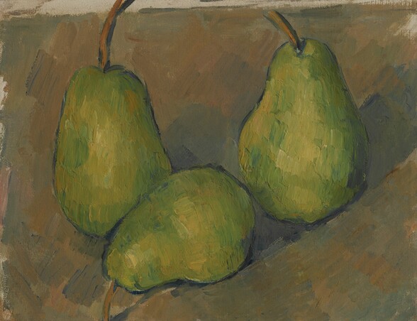 Three whole, green pears against a caramel-brown background fill this horizontal still life painting. The painting was created with long, parallel, visible brushstrokes throughout, and a strip of unpainted canvas lines the top edge. We look slightly down onto the fruit, which was painted with thick strokes of lemon-lime, asparagus, and spring green, and each piece of fruit is outlined with navy blue. The two pears to either side stand up and the third, between them, lies on the table with its brown stem angled to our left.