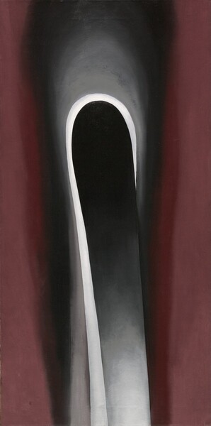 A white line curves up into a hook within a smoky dark gray and dusky rose-pink field in this abstract, vertical painting. The white hook stretches up from the bottom center of the canvas up and to our right, to span three-quarters the height of the painting. A rounded, oblong shape fills the open space between the apex of the hook and its sharp, pointed tip. The oblong shape lightens from inky black at the top, through gradations of gray, to become ash white at the bottom. The hook is surrounded by a field in the shape of a narrow, upside-down U, which deepens from fog gray near the hook to black along the sides and where it extends off the top edge. The column created by the inverted U field is flanked by vertical bands of burgundy red, which lightens to rose pink along the left and right edges of the canvas.
