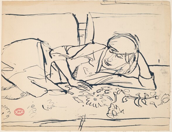 Untitled [reclining woman resting on a floral spread]