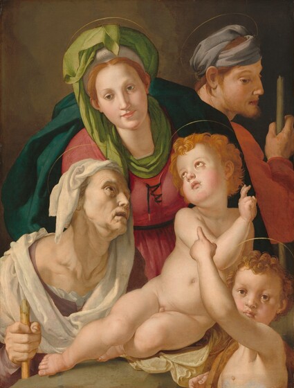 Two women, a man, and two pudgy children create a close-knit group against a dark brown background in this vertical painting. The people all have pale skin with rosy cheeks, blond or copper-colored hair, and delicate gold rings as halos. One child, Jesus, sits on a stone surface at the center of the composition. He leans onto one hip so his feet rest off to our left. His right arm reaches across his chest as he holds up the first two fingers of that hand. He turns his head back to our left to look up at Mary, who stands behind him to our left as she bends down close to the child. She tips her head to our left, and she looks down and off in that direction with brown eyes. A spring-green cloth loops around a white headdress and drapes around her neck. She wears a teal-blue robe over a cranberry-pink dress. In front of her and to our left, Saint Anne, leans toward Jesus from next to the stone. Saint Anne’s skin is notably pale, and wrinkles line her eyes and lips, which are parted. Her face tips up as she gazes heavenward with deep-set eyes. A white cloth drapes over her head and around her shoulders over a lilac-purple garment. She holds a broken staff like walking stick with the hand we see in the lower left corner of the painting. In the lower right and in front of the stone, the second child, Saint John the Baptist, looks at us with wide-set, serious eyes as he points up to Jesus. Saint John has brown curls and pudgy cheeks. A fawn-brown cloth drapes over his far shoulder. Finally, a young man with a wispy beard stands back-to-back with Mary so he fills the upper right corner of the composition. He turns his head to look down over his right shoulder. A gray-blue cloth wraps around his head, and he also holds a broken staff.