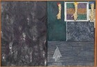 Three casts of human hands and forearms hang from the top edge of the right half of this horizontal abstract painting, which is divided vertically in two equal parts. The rectangular field to the left is mottled with steel and charcoal gray streaked with white and amethyst purple. The panel to the right is divided again so the top half is slightly larger than the bottom half. The bottom portion is painted with a pattern to resemble abstracted wood grain in nickel and slate gray. A stylized white cloth, perhaps a handkerchief, is painted to look as if hanging from a nail hammered into the wood paneling, to our left. The top portion seems to be layered with paintings and prints below and beneath the three arms. The three-dimensional arms hang from looped metal wires on metal hooks spaced along the top edge, coming about a quarter of the way down the overall composition. The peach-colored arms and hands are painted all over with irregular gray patches, creating a camouflage effect. They hang down so the open palms are flat against the canvas, the thumbs extended to our left. The top of the arm to our left is painted cherry red, the middle is painted canary yellow, and the right arm royal blue. The paint drips down the arms and splatters on the hands and on the faux wood panel below. Behind the hands, it appears that one of the artist’s prints hangs from two nails on the canvas, but this is also part of the painting. The illusionistic  print has three horizontal bands of pine green, pumpkin orange, and violet purple crisscrossed with black lines. Seeming to hang behind it and under the right-most arm is a sheet of music overlapping another piece of paper printed with the letters “OHN C” and “THE PERILOUS.” Below, and filling the space between the illusionistic print and the wood panel, is a rectangular field of abstract gray and black swirling forms. The entire canvas is surrounded by a thin, amber-colored wood frame. A narrow wooden slat is attached with a hinge on the inner surface of the frame at the bottom right corner, so the slat runs up along and rests against the canvas near the rightmost edge of the frame. The artist signed the work with stenciled letters in pale gray in the lower right corner: “J. JOHNS ‘8.”