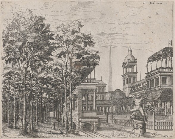 Landscape with Trees, Two Deer, and a Palace Courtyard