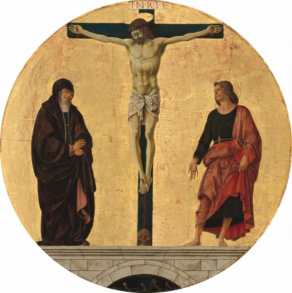 A mostly nude, thin man, Jesus, hangs by his outstretched hands from a wooden cross and is flanked by two people, one on each side of the cross in this round painting. Against a shiny gold background, the cross and two people stand on a gray stone platform that forms a base at the bottom. The two people below have peachy skin, and Jesus’s skin has a gray cast. All of their heads are encircled with flat, gold, disk-like halos. Eyes closed, Jesus’s face tips down to our left, and his body faces us. He has a copper-brown, forked beard, a prominent nose, and his lips are parted. Blood trickles from a ring of thorns around his head, over long hair. Blood drips from the nails holding his hands and feet, which overlap on the cross, and from a gash over his right ribs. A plaque at the top of the cross, over Jesus’s head, has the letters “INRI” painted in red. Standing at the foot of the cross to our left, an older woman wears an off-white wimple around her face and covering her neck, and an ocean-blue dress under an eggplant-purple cloak. Her head tips forward, her eyes closed and lips pressed into a frown. Her crossed hands grip her cloak at her waist. To our right, a man stands at the foot of the cross, his body angled to our left. His head tips slightly up to look at Jesus with narrowed eyes, his mouth turned down. He has long, sable-brown hair and a clean-shaven face. He wears a black tunic tied with a rope and a garnet-red cloak bunched at his waist and over his left shoulder. His left hand holds up his cloak. The surface of the painting is covered with a network of fine cracks and some of the brick-red layer under the gold shows through. Blood pours from Jesus’s feet onto a skull at the base of the skull. The platform on which they stand has an arched opening at the bottom center with some bones protruding from the dark, cavernous space.