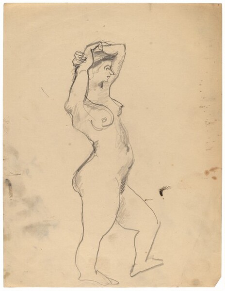 Standing Nude Facing Right, Arms Folded on Top of Head