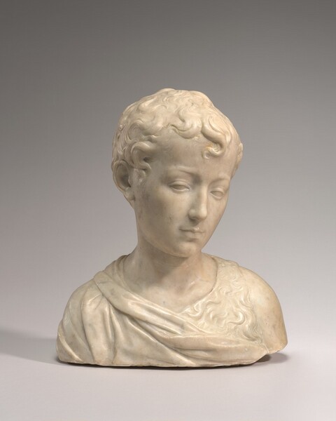 The head and shoulders of a young boy with short, curly hair is carved from cream-white marble in this free-standing sculpture. In this photograph, his shoulders are squared to us, and he looks down and to our right. He has delicate features and smooth skin. Fabric wraps around one shoulder and across his chest, and a wide strip like animal fur goes over the other shoulder, to our right. The sculpture is cut straight across the chest just below the shoulders, and it sits in front of a background that lightens from smoke gray along the top to nearly white along the bottom.