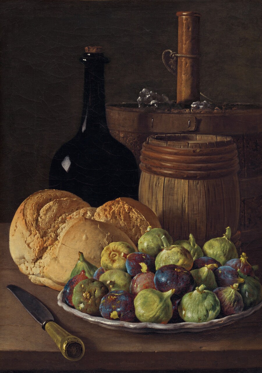 A dish of about two dozen figs, a crusty loaf of bread, a tall, black flask, and two wooden vessels are closely gathered on a wooden table or ledge in this vertical still life painting. At the front right, the figs are either deep purple or pale green. The shallow, pale lavender-gray dish in which they are piled has a narrow, scalloped edge. The round loaf of golden-brown bread, with its split top, sits behind and to our left of the figs. In the lower left corner, next to the figs and closest to us, the handle of a knife projects toward us. Its pewter-colored blade angles back away from us. Beyond the bread is a wide-bellied, black, long-necked bottle with a cork. White reflections of windows out of our view to our left glint on the shiny, inky surface. Next to it, to our right, a small wooden barrel is about the size of an American football. At the back right, the cylindrical neck of a copper vessel pokes out of a pile of pale ice shavings, all within a keg-like bucket. The still life is set against a dark brown background.