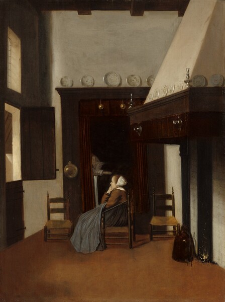 Warm, diffuse light fills a room where a girl sits, chin in hand, on a ladderback chair facing our left in profile in this vertical painting. She is at the opposite end of a long room from us, across an expanse of ginger-brown floor. A dark, cabinet-like form spans the far, narrow end of the room and we slowly realize that a woman with closed eyes lies in the shadowy bed enclosed within. Both women both have light skin. The girl in the chair wears a slate-gray skirt and cinnamon-brown jacket with a white kerchief draped down her shoulders. The back of her brown hair is covered by a pleated white cap. She is flanked by short, ladderback chairs with rushed seats along the far wall. To our left, in front of her, the top half of a Dutch door is swung inward. Light pours through the door and the deep-set window above it. The room has tall cream-white walls with dark wooden beams and a wooden ceiling overhead. The opening to the enclosed bed is lined with burgundy-red curtains, and two gleaming brass balls hang from the top edge. A perforated brass bowl hangs at the opening to our left. The right side of the room is nearly filled with a tall, wide fireplace mantel that supports an angled chimney rising to the upper right. Footed, pewter bowls hang from the top corners of the mantelpiece and a silver candlestick stands atop each of the two front corners. A small fire burns in the fireplace, while a pair of tongs and copper vessel stand nearby. The beams, door, doorframe, and mantel are all mahogany brown. Almond-white plates decorated with loosely painted strokes and daubs of brown are set along the ledges created by the molding over the bed and mantel.