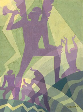 A winged person blowing a horn stands silhouetted in lilac-purple against a field of alternating celery and soft lime green bands in this abstracted vertical painting. The person's body is angled toward us but they look over their shoulder, to our left in profile, as they hold a horn to their lips. The horn reaches into the top left corner of the composition, and the wings extend off the top edge of the canvas. A shallowly curving slit indicates the eye. The person stands with each foot on two rounded forms like stylized hills. The mound on our right is higher so the knee is bent, and the person holds a skeleton key in the hand propped on that knee. The hill to our right has wavy bands of muted pine and sage green and the hill to our left has a zigzag line of the sage across the darker green. Seeming farther away from us, four people, smaller in scale, are outlined as amethyst-purple silhouettes. One person to our right of the angel kneels and raises their hands high overhead, face turned to the sky. Two more people standing on or behind the left mound are framed between the trumpeter's legs, and the fourth person stands with hands clasped, also looking towards the sky. Concentric arcs of lemon yellow and pale green suggest a sun in the upper left corner. The artist signed and dated the work with dark green paint in the lower right corner: 