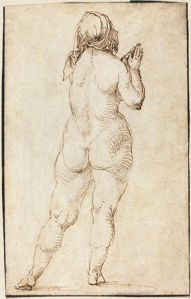 Drawn with brown ink on tan paper, a nude woman stands with her back to us, looking up and to our right with her hands together in prayer on this vertical sheet. Taking up most of the composition, she stands with her weight on her right foot and her left foot extended behind her and to the side. A scarf wraps around her hair and one end trails down her left shoulder. The edge of her right cheek and the tip of her nose are visible. Thin strokes outline the ample contours of her body and loose, parallel, curved strokes are used to create shadows on her arms, back, and legs. Tightly packed lines create darker shadows on her face.