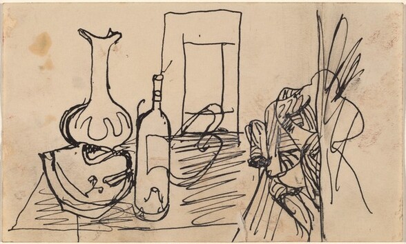Still Life on Table, Bottle and Vase