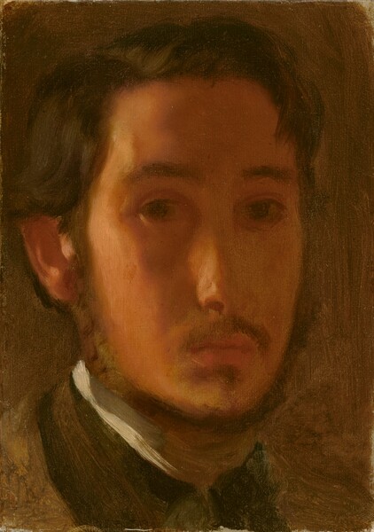 The face of a young man with peachy-colored skin and dark hair fills this vertical painting. The man is lit from our left but is angled to slightly to our right, so his face is mostly in shadow. He looks at us from the corners of large, dark eyes. He has a straight nose, and his full lips are set in a line. He has a moustache and a trimmed beard that appears to connect under his chin, though this area is loosely painted so details are difficult to make out. His black hair is parted to one side and curls in a wave over his high forehead. Dark lapels connect over a white undergarment or scarf around his neck. The background is filled in with a chestnut-brown wash, and brushstrokes are visible throughout.