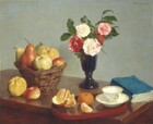 We look slightly down onto a wooden table or buffet with a basket of fruit, a vase of pink and white flowers, a book, and a small tray holding a teacup, saucer, and two oranges in this horizontal still life painting. The wooden surface is highly polished and has a red tint, like cherry. The oval, rust-red tray has a lip around the edge, and it sits across the front right corner of the table, close to us. One of the oranges in the tray is peeled, and a segment sits near a second, unpeeled orange. The empty white teacup, also in the tray, has a flaring lip and a delicate gold handle, and the cup and saucer are edged in gold. The thick, soft-bound, sea-blue book is placed beyond the tray, to our right. Behind the tray, a tall, goblet-like, cobalt-blue vase with a pedestal foot holds five flowers, possibly carnations, among green leaves. Two blossoms are cream white, two are ruby red, and the fifth flower is streaked with both colors. To our left, a rectangular, woven, wicker basket holds three pears, two apples, and a quince. The fruit is blush red, golden yellow, or pale green. A pale yellow quince and red and yellow apple sit on the table in front of the basket, near the tray. The background is painted a muted sage green. The artist signed and dated the work with dark green paint in the upper right corner: “Fantin. 1866.”