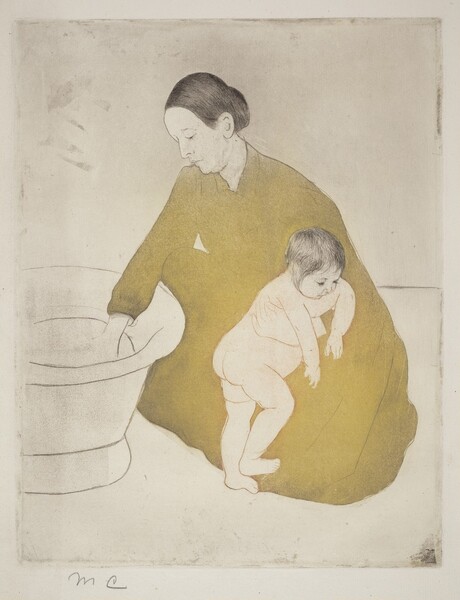 A woman kneels to test the water in a freestanding bathtub with one hand as she braces a nude child against her knee with the other in this vertical, colored print. The skin of both the woman and baby are the white of the paper. Their facial features and bodies are outlined with light brown, and their hair drawn in with faint black lines. The woman’s hair is pulled back from a high forehead, and she has a straight nose, pursed lips, and a slight double chin. Her long-sleeved, floor-length dress is a flat area of straw yellow. The baby turns toward the woman’s body and hangs their arms over her bracing hand. The baby has short, wispy, black hair with delicate facial features, a rotund belly, and satisfyingly pudgy rolls on the legs. The tub and the corner where the floor meets the wall are drawn in with brown lines. There are some smudges across the paper, especially at the edges. The artist wrote her initials in graphite under the lower left corner, “MC.”