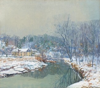 From a snowy bank, we look across a river that curves from the lower left corner of the painting in a backwards C shape toward a cluster of butter-yellow and peanut-brown buildings in the distance in this almost square landscape. The scene is loosely painted with visible brushstrokes throughout. Bare trees, painted with slashes of slate gray and lavender purple, line the bank ahead of us and cluster around and behind the buildings. Along the right edge of the canvas, the trees closest to us reach high into a milky, dove-gray sky that fills the top third of the composition. Bare patches of earth painted in mustard and caramel brown dot the ground directly in front of us and follow the edge of stream as it recedes. On the left, clumps of wheat-colored strokes suggest dried vegetation scattered across the snowy field between us and the buildings. Trees on both sides are sparsely dotted with golden yellow to suggest leaves. Small hills rising beyond the cluster of buildings are covered in more bare trees, dotted with a few evergreens and silhouetted against the gray sky. The tangled branches of a fallen tree in the middle distance jut into the glassy, pewter-gray water, which reflects the gray sky and trees. The artist has signed the painting in the lower right corner, “E W Redfield.”