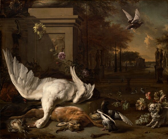 The limp, dead bodies of a swan, rabbit, and three birds along with a live bird and a small dog are arranged on and near a low stone step in the bottom left corner of this horizontal painting. To our left and close to us, the white swan lies on its back on the step with its wings partly extended. Its long neck drapes toward us over the rabbit’s body, the bird’s head turned to our left. The rabbit has tawny-brown fur and lies stretched out on its side, its belly facing away from us. Tucked in the lower left corner of the painting, a fowl has a round body with cream-white and chestnut-brown feathers. The beaks of two more dead birds peek out from the shadows beyond the rabbit’s body. Behind the dead animals and taking up the left third of the painting, the square base of a fawn-brown stone column nearly reaches the top edge of the canvas. The front face is carved with a relief showing a woman and man huddled together as they look down in front of them, seemingly toward the swan. A yellow flower with narrow, tapered petals hangs over the upper left corner of the base and lavender-purple flowers, perhaps roses, peek around the base from our right. To our right of the dead animals, a bird with black, smoke-gray, and white feathers stands facing away from us with its wings flared back. Its emerald-green and gold head gleams in the stark light illuminating the scene from the lower left. It turns its head toward a small dog in the lower right corner. The dog has white and pale, honey-brown fur, a round face, blunt nose, and sable-brown floppy ears. The dog’s back half is cut off by the edge of the painting, and it seems to lean back as it looks toward the bird. A grapevine with broad, curling leaves winds into the painting behind and above the dog, ending with scrolling tendrils at the center of the composition. The leaves are fern green, some fading to a pale sage green or tan, and edged in brown. One leaf over the dog’s head is crimson red and tan, and a glistening cluster of green grapes lies on the ground near the dog’s front paws, to our left. Beyond the live bird and dog, a deep landscape opens up with statues lining a stepped walkway that leads to a rectangular reflecting pool. Several black and white birds the size of ducks stand in the shadowed background near the pool and more birds fly overhead. Backlit by the amber-gold sunset, tall trees with thin black trunks and caramel-brown leaves line the path leading to a tall narrow structure at the water’s edge. The golden sunset fades to a pale blue sky with drifting clouds over low mountains in the deep distance.