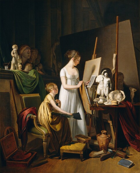 In a room filled with easels, white plaster heads and statuettes, a box of paints, books, and papers, a young woman stands looking at a sketch and a young girl looks on, seated in an armchair, in this vertical painting. The scene is lit from the upper left, presumably from a window out of our view. Both women have smooth, pale skin, and their hair is swept up with curls framing their faces. They face our right in profile so their faces are in gentle shadow. They have straight noses, and their rose-pink lips are closed. They wear gowns with short sleeves, low, scooped necks, and floor-length skirts cinched under the bust. In the center of the painting, the young woman has chestnut-brown hair and wears a white gown tied with a sky-blue ribbon. She stands in front of a portfolio propped up against a tall easel. The portfolio is made of two stiff boards that tie together with pale blue ribbon to secure large sheets of paper. She rests her right hand, closer to us, on the front board of the portfolio and looks down at the sketch on a gray piece of paper she holds with her other hand. Next to her and closer to us, the younger girl sits in a gold chair upholstered with olive-green velvet. She faces our right almost in profile, and she looks up toward the drawing the other woman holds. The girl in the chair has blond hair and a gold-colored dress. Her feet are propped on a gold footstool, and she holds another portfolio on her lap. She supports the portfolio and holds a piece of paper with one hand, and a stylus or brush in the other hand, up by her chin. To the right of the easel, a wooden table holds a collection of plaster casts of faces, a hand, and small-scale bodies along with a glass vessel and a few other tools. Two translucent green bottles, boxes, a book, and a terracotta vase are collected on the footstool and the floor around the base of the easel. Garnet-red cloths are draped down the front of the table to our right and behind the girl on the chair. Next to her chair, in the lower left corner of the composition, is a wooden box with a paint palette and a handful of thin paintbrushes. A scroll of paper lies next to the box. A shelf at the standing girl’s shoulder height and behind the pair, to our left, is piled with white busts of a man, child, and woman, more figurines, and a brush in a small cup, all arranged across a moss-green cloth. The space with the girls and artist’s tools is enclosed by a large, dark brown form, presumably a canvas in shadow, that leans against the tall easels and mostly cuts off a view into the rest of the room. A glimpse of shadowy capitals is seen over the board, across the top of the painting, to suggest that a row of columns recedes into the space beyond. The artist signed the work as if he had painted his name on the floor next to the scroll, “L. Boilly.”