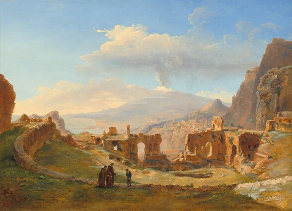 Against a backdrop of stone ruins and rocky mountains, two men wearing long, brown robes address a young boy in this sunlit landscape painting. The people are tiny in scale in relation to the landscape, and they have pale skin. Each man has a bald head surrounded by a ring of hair. They stand in the lower center of the painting on a grassy area that runs alongside a curving stone wall set into the earth. The wall begins near the left edge of the painting and curves toward us, in a shallow U, and extends off the right side. The men are turned to our right with hands outstretched, and they face the boy who holds a hand to his head. The land dips away from us to meet the stone ruins in a shallow valley. The curving wall and ruins are honey brown. The edge of a rust-brown, rocky cliff juts into the scene to our left, and to our right, a steel-gray mountain rises steeply just beyond the ruins. More buildings, these intact, cluster along a cliff-face that overlooks a coastline with ice-blue water. Smoke pours from a snow-tipped mountain in the distance, to our right of center. The mountain’s sloping sides are mottled in sky blue and taupe brown. Parchment-white clouds line the horizon beyond the mountain under a pale blue sky. The artist signed and dated the lower left, “LS 1828,” with the LS joined in a monogram.