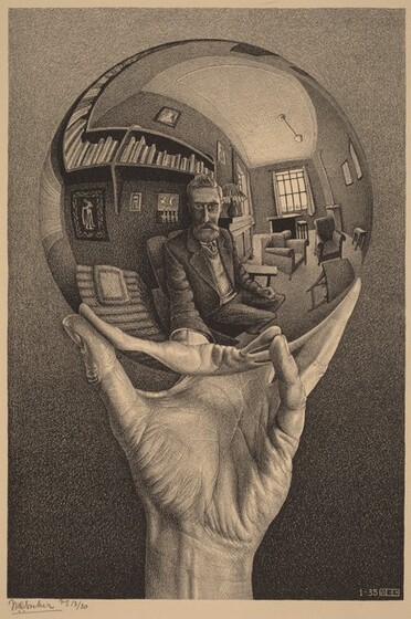 In tones of gray and black printed on tan-colored paper, this vertical lithograph shows a hand holding up a metallic sphere, which reflects the hand and body of the bearded man holding it, as well as the room behind the man. The background behind the hand and orb lightens from black along the bottom edge to light gray across the top. Wrinkles cross the wrist, and the lines of the hand are clearly visible. In the reflection, which is distorted along the contour of the mirrored ball, the man’s hair is brushed back from his high forehead, and he looks at us, or at his reflection, with large eyes. His thick mustache and beard are neatly trimmed. He wears a suit with a vest over a tie and button-down shirt. His left fist rests on his left thigh, and he holds up the orb with his other hand. In the room behind him, to our right, an alcove with windows on two sides has two upholstered armchairs, a few side tables, and a lamp sitting on a sideboard. The man sits in a chair with wooden arms, next to a form that could be a reclining couch with a pillow. A shelf hangs on the wall behind the man, and pictures hang above and below the single row of books. The print has a grainy, speckled look, as if drawn with charcoal on textured paper. The print is signed in the lower left corner, under the printed image: “MC Escher no 13/30.” In the lower right corner, a number, “1-35” and the conjoined block letters “MCE” appear in white against the dark background.