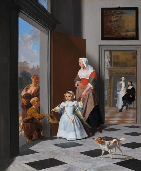 A child and woman stand at the open door of an entryway with black and white marble floors, as the child drops a coin into the hat of a disheveled boy accompanied by a nursing mother across the threshold in this vertical painting. Beyond the entryway, a man and woman look on from a room with a landscape painting hanging over a tall mantle. All the people have pale skin. The child standing with the woman inside, near the door, looks at us with gray eyes. Blond ringlets frame a round face with full cheeks, a snub nose, and parted coral-red lips. The ringlets are tied with butter-yellow ribbons and the rest of the head is covered with a white cap. The child’s garment has a wide, flaring, flat collar, a tight-fitting bodice, and a flaring, floor-length skirt. Pale plum-purple, puffy sleeves are tied with pale yellow and azure-blue ribbons, and a cape of the same fabric lined with pale grass-green falls from the shoulders. A medallion hangs from a thick gold chain looped over the child’s right shoulder, to our left, across to the opposite hip. The child touches the hand of the woman standing behind with one hand, to our right, and drops a silver coin into the proffered hat with the other. The woman’s body faces us but she turns her oval-shaped face to look down at the boy holding out his hat. She wears a scarlet-red, long-sleeved bodice with a wide, white collar over her chest. A taupe-brown apron covers her dark skirt and her bonnet is long on the sides, draping to brush her shoulders. She rests her right hand, to our left, on her stomach and touches the fingertips of the child in front of her with the other. Near the lower right corner of the painting, a small white dog with ginger-brown spots stands on the black and white marble floor, looking up toward the exchange. Light pours into the entryway through the open door and a transom window above it. The walls are light gray and the doorways are surrounded with darker gray molding. A painting of a landscape hangs above the doorway leading to the room beyond. The man and woman there look at us from in front of a mantle that is taller than the woman who stands next to the man, who is seated. The woman’s hair is pulled back under a cap, and she wears a silver-gray dress lined with a wide band of white fur. She holds one hand to her waist and gestures toward the foyer with the other. The man wears a black suit with a wide, flat collar. The floor in this room is a checkerboard pattern of white and brick-red  squares, and sky-blue panels with gilded leafy designs cover part of the walls. A carved stone cherub like a small, chubby child, stands on the mantle to our left, next to the landscape painting there. Back in the entryway, across the threshold, the boy steps with one foot onto the floor of the foyer as he holds out his frayed, brimmed hat. He has short-cropped blond hair and wears a mustard-yellow shirt with tattered brown pants. The nursing woman stands next to the door, out of sight of the people inside, holding a baby to one round breast. The boy and woman’s faces, necks, and hands are noticeably tanned, almost orange. Two small children huddle, almost out of sight, in the narrow space between the boy and the left edge of the painting. They look down onto a few light tan disks, perhaps coins, on the step in front of them. In the distance beyond the family are a few trees and buildings beneath a vibrant blue sky with puffy white clouds. The artist signed and dated the painting in the lower right corner, “J. Ochtervelt f. 1663.”