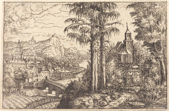 View of a Town near a River with a Church on the Right
